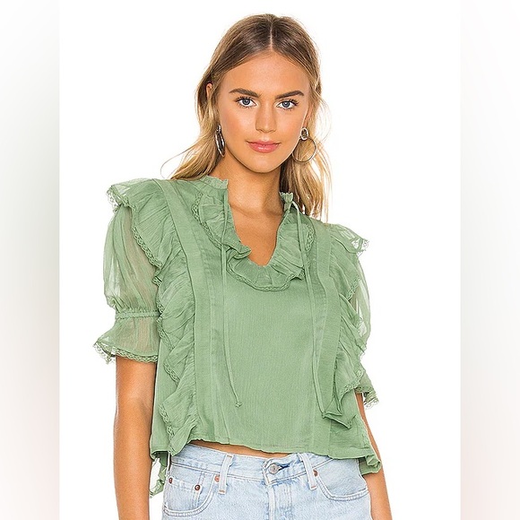 Tularosa Tops - Tularosa Leona top blouse mint sage lace ruffle flutter short sleeve
